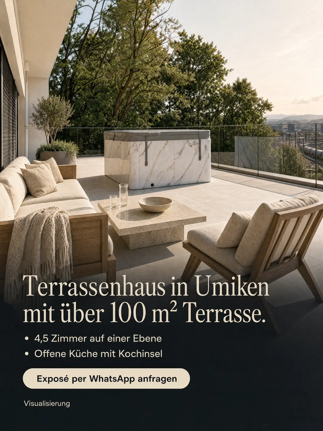 Anzeige von AK Omega: Terrassenhaus in Umiken mit über 100 m² Terrasse