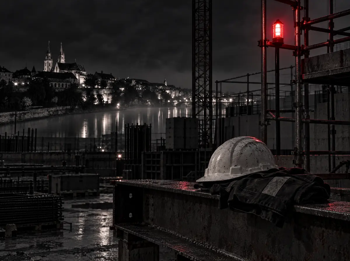 Leere Baustelle am Rhein bei Nacht, Bauhelm und Arbeitsjacke auf einem Träger, rote Warnleuchte