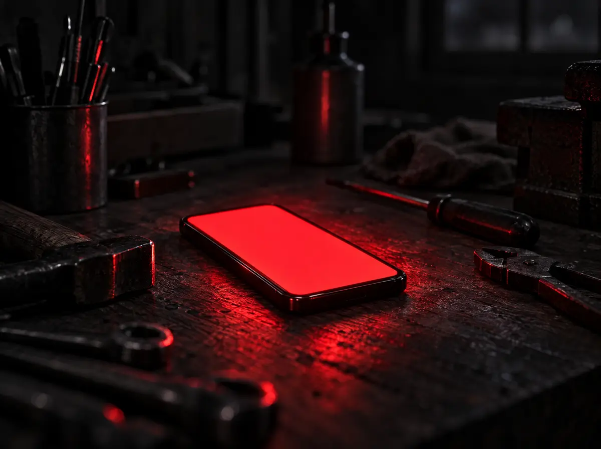Smartphone mit rot leuchtendem Bildschirm auf einer Werkbank bei Nacht