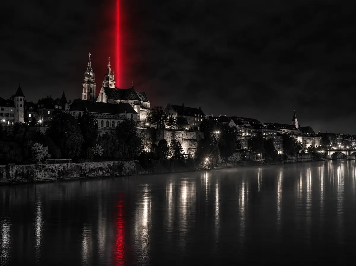 Basler Münster bei Nacht vom Rhein aus mit einem roten Lichtstrahl