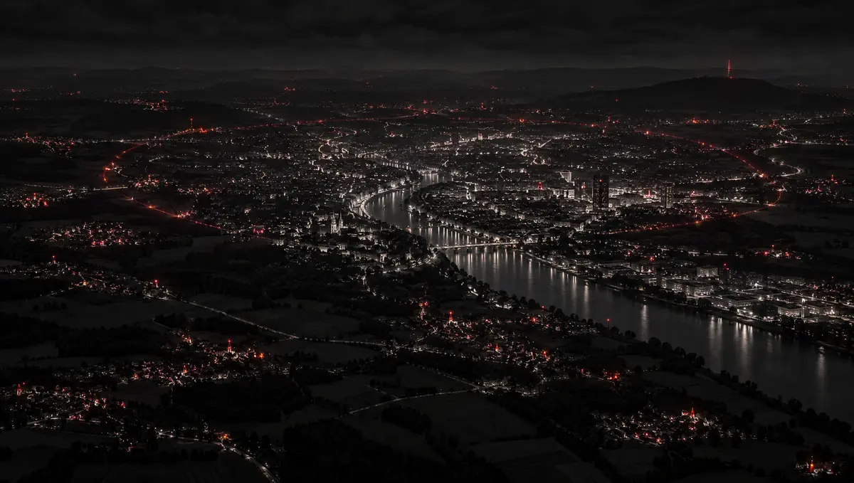 Region Basel bei Nacht aus der Luft mit dem Rhein und Dörfern mit roten Lichtpunkten