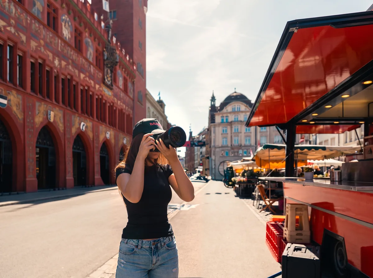 Make-Fotografin mit MAKE-Kappe fotografiert auf dem Basler Marktplatz vor dem Rathaus