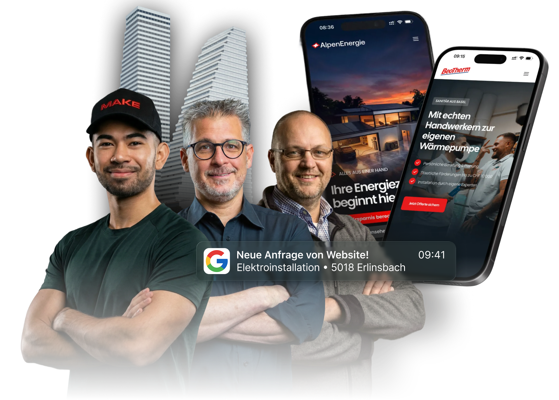 Gestalteter oberer Bereich einer Startseite auf zwei Smartphones neben dem Team
