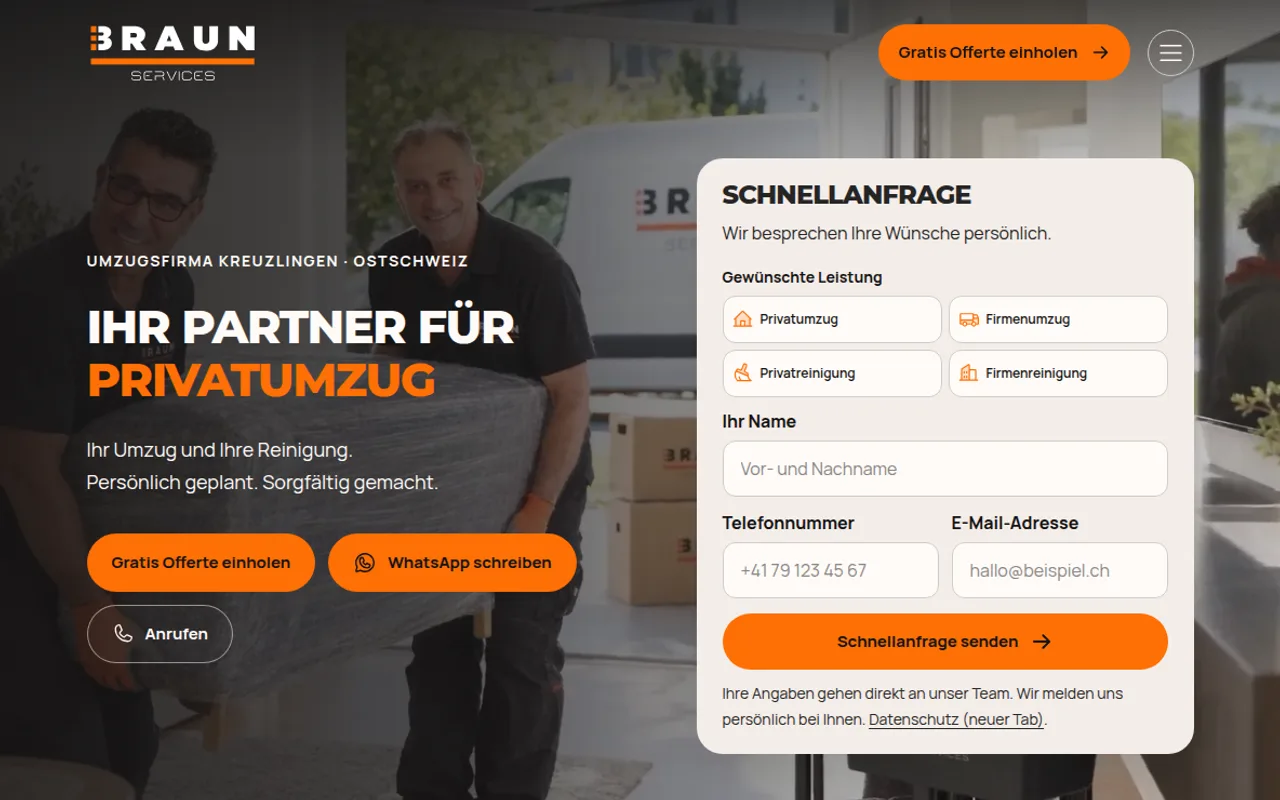 Startseite von umzug-braun.ch, erster Bildschirm am Desktop