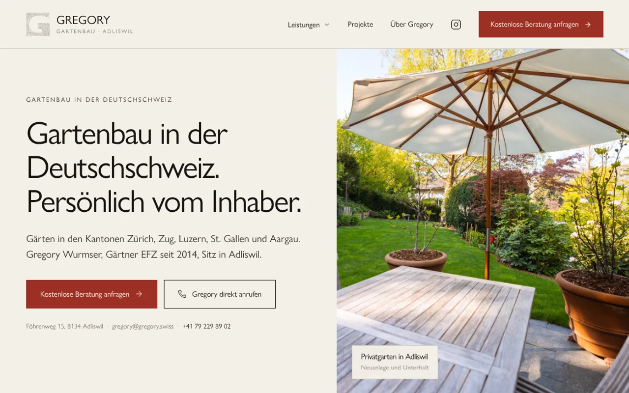 Startseite von gregory.swiss, erster Bildschirm am Desktop