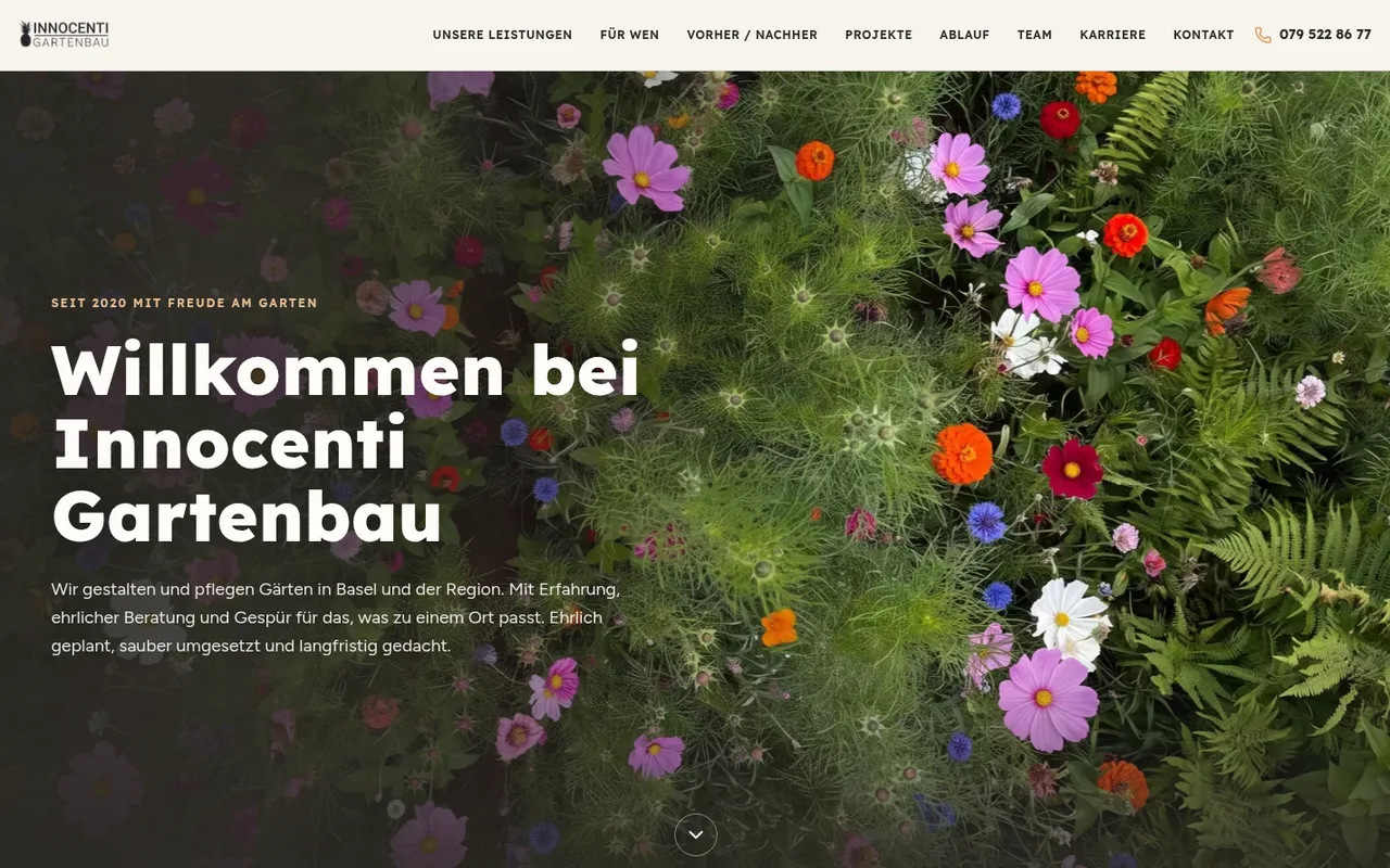 Startseite von innocenti-gartenbau.ch, erster Bildschirm am Desktop