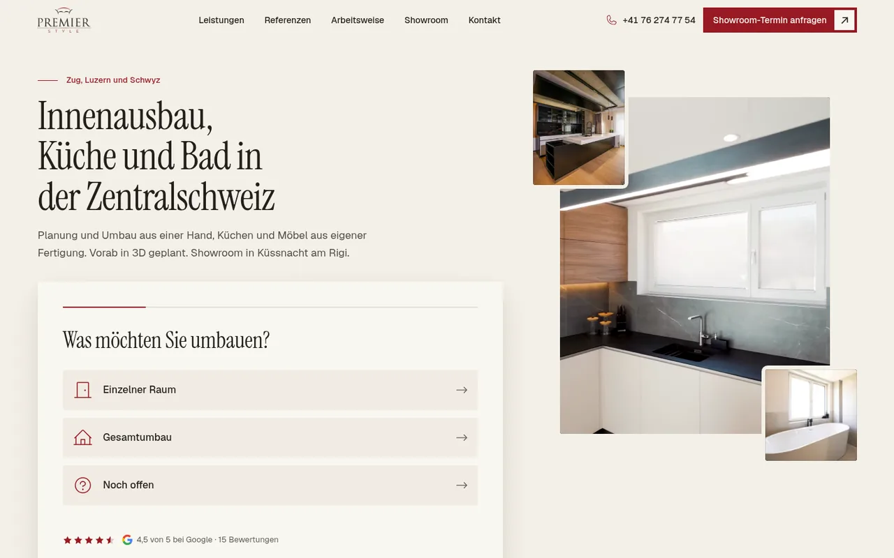 Startseite von premierstyle.ch, erster Bildschirm am Desktop
