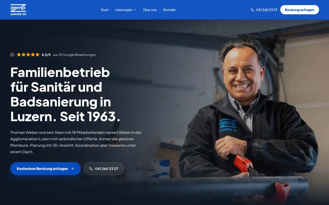 Startseite von zempsanitaer.ch, erster Bildschirm am Desktop