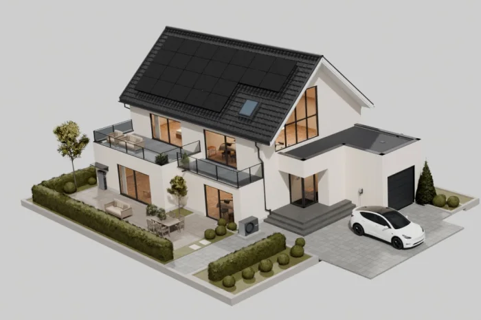 3D-Ansicht eines Einfamilienhauses mit Solaranlage, Wärmepumpe und Wallbox