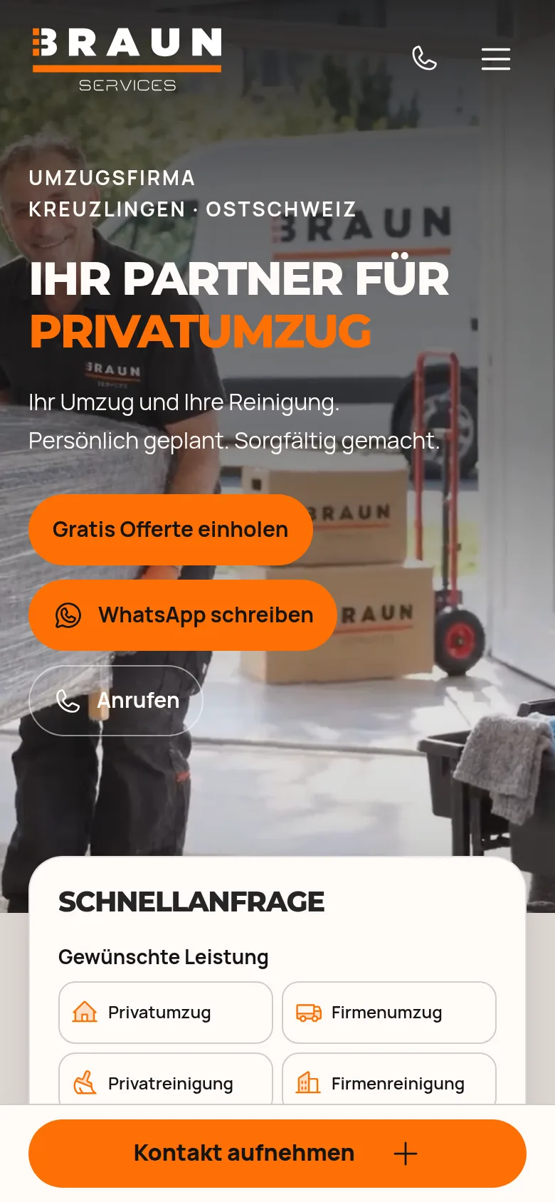 Startseite von umzug-braun.ch auf dem Handy mit Schnellanfrage