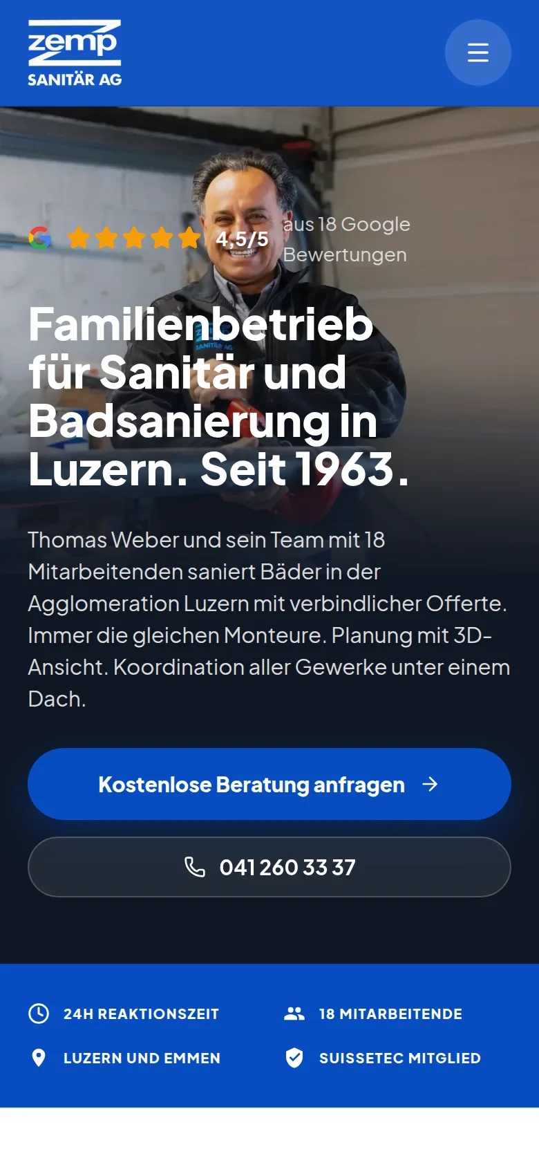 Startseite von zempsanitaer.ch auf dem Handy